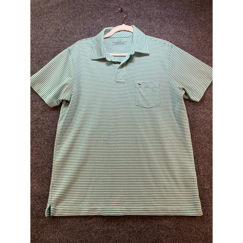 Vineyard Vines Mens Pocket Polo Small Green Striped Pima Cotton Whale